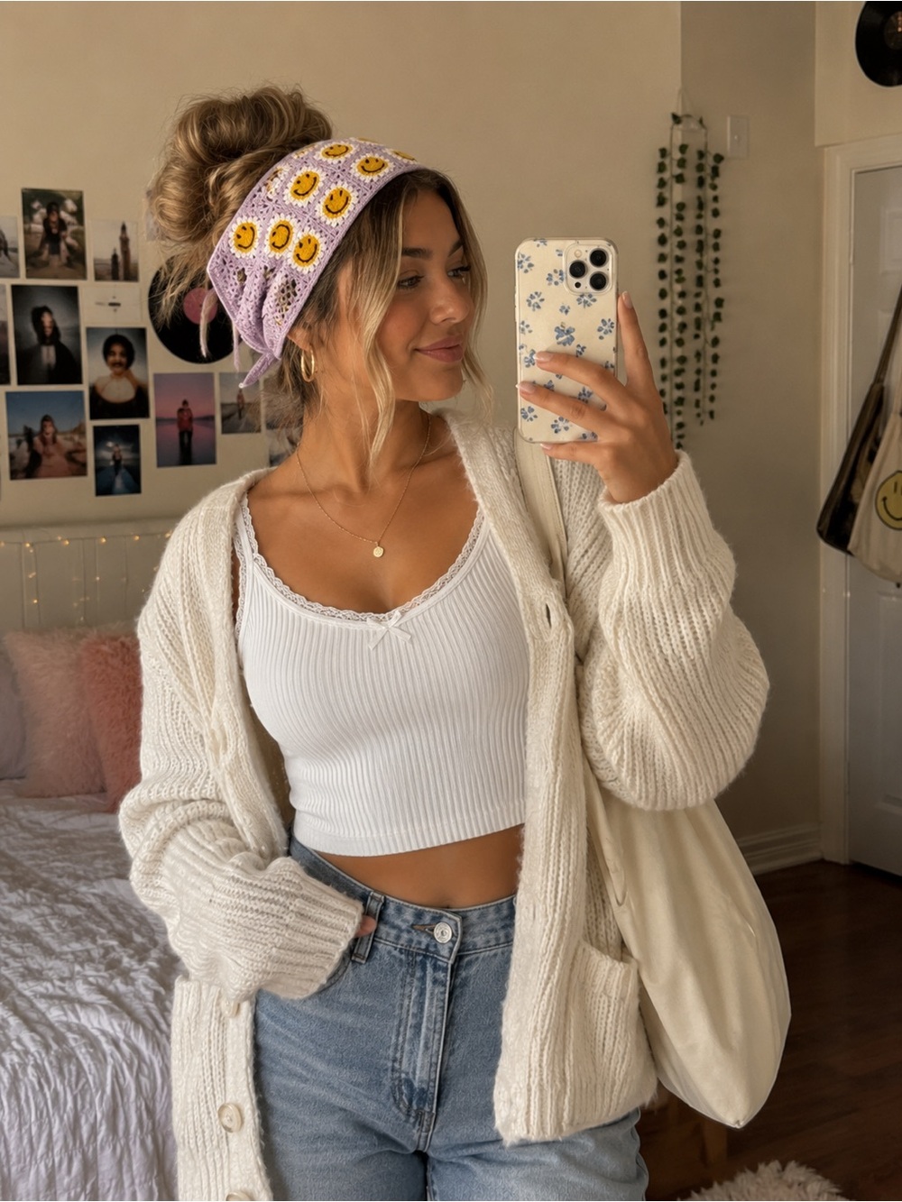 Women’s Crochet Triangle Bandana Head piecewith Yellow Smiley Flowers - Lavender